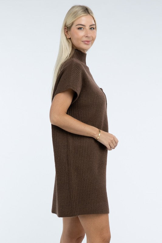 Mock Neck Short Sleeve Sweater Dress with Pocket - Nexusni