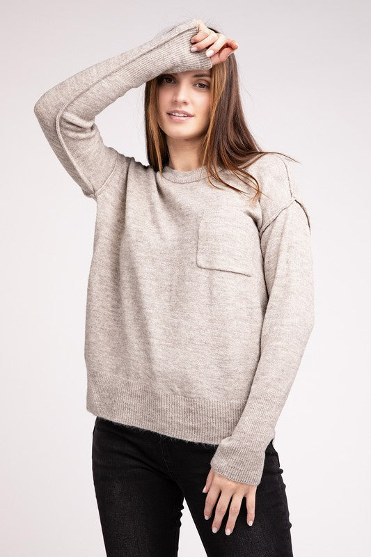 Melange Hi-Low Hem Round Neck Sweater - Nexusni