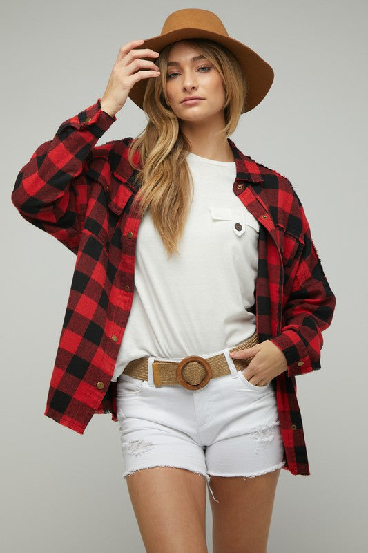 Plaid Embroidered Patch Button Down Jacket - Nexusni