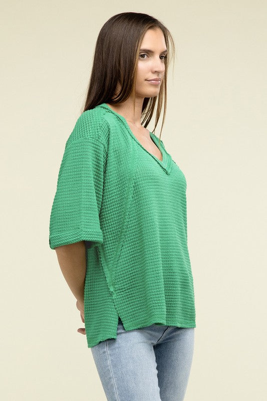 Brushed Waffle Exposed-Seam 3/4 Sleeve Top - Nexusni