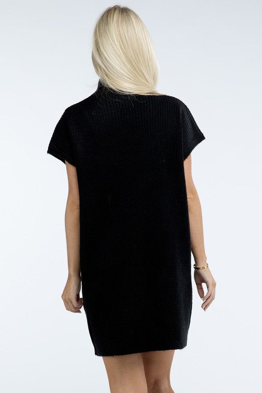 Mock Neck Short Sleeve Sweater Dress with Pocket - Nexusni