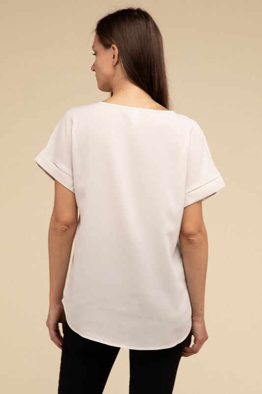 Woven Heavy Dobby Rolled Sleeve Boat Neck Top - Nexusni