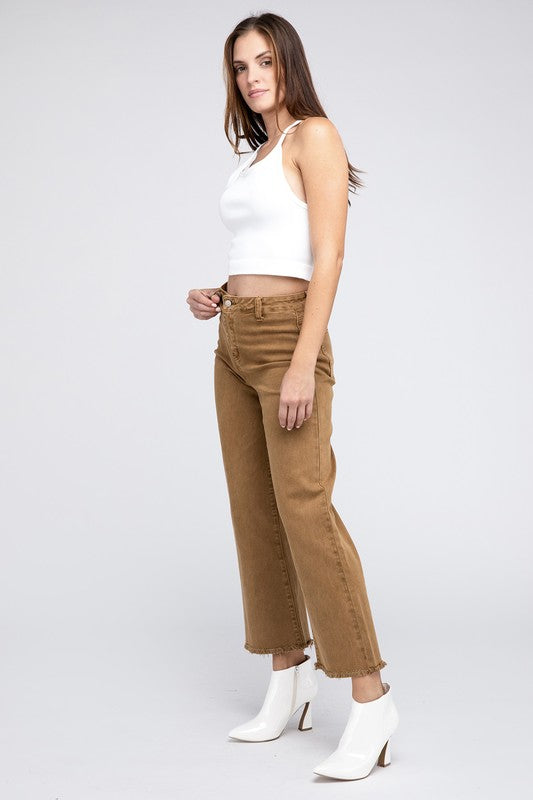 Acid Wash Frayed Cutoff Hem Straight Wide Pants - Nexusni