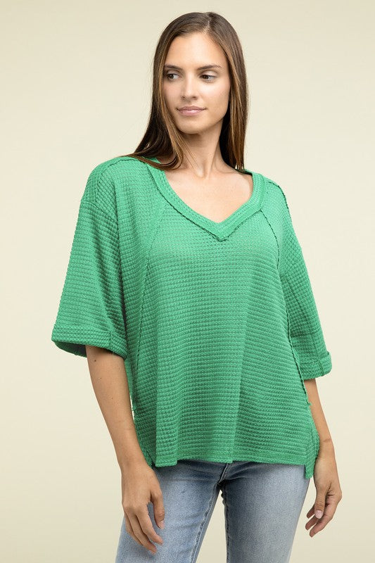 Brushed Waffle Exposed-Seam 3/4 Sleeve Top - Nexusni