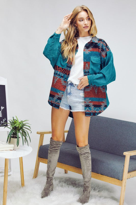 Printed Button Down Long Sleeve Jacket - Nexusni