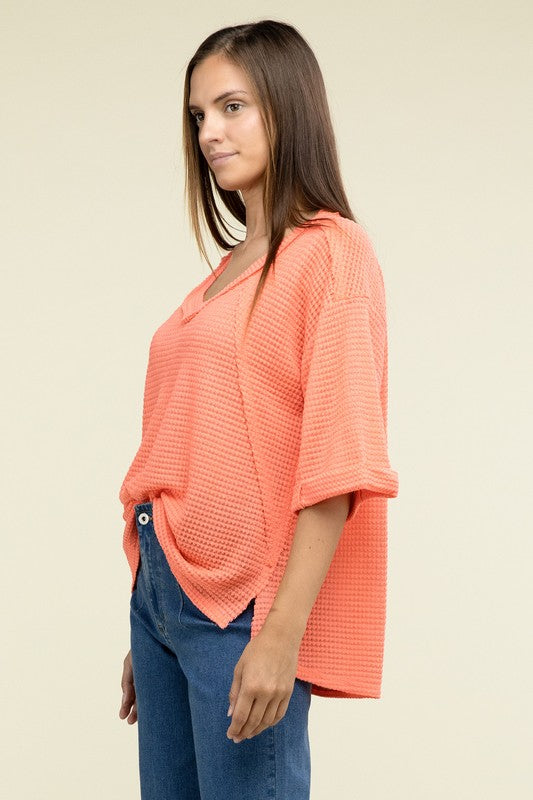 Brushed Waffle Exposed-Seam 3/4 Sleeve Top - Nexusni