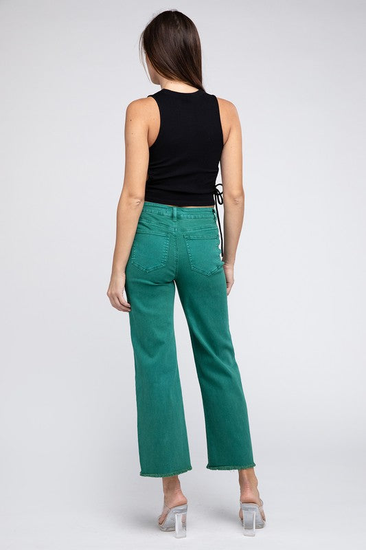 Acid Wash Frayed Cutoff Hem Straight Wide Pants - Nexusni