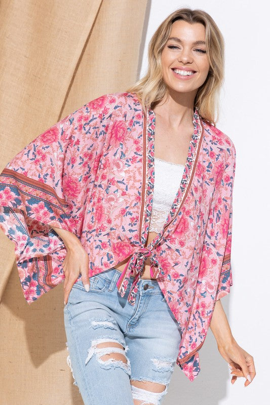 LIGHT WOVEN SQUARED OPEN KIMONO CARDIGAN WITH TIE - Nexusni