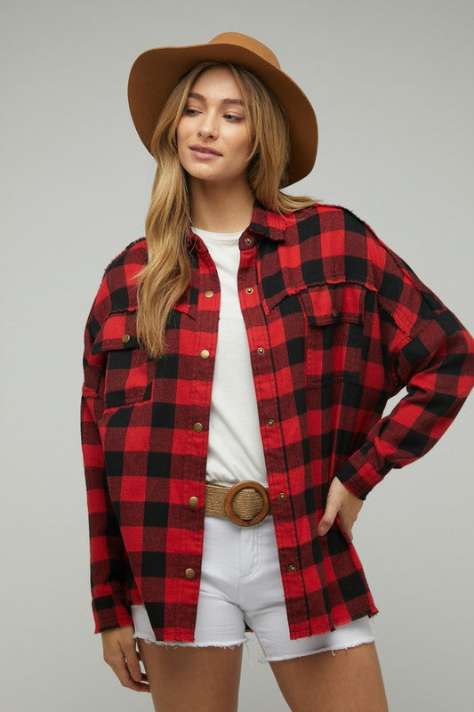 Plaid Embroidered Patch Button Down Jacket - Nexusni