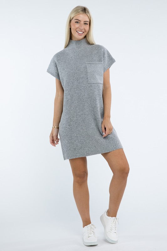 Mock Neck Short Sleeve Sweater Dress with Pocket - Nexusni