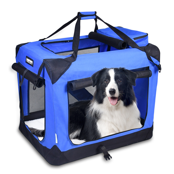 JESPET Soft Pet Crates Kennel, 3 Door Soft Sided Folding Travel Pet Carrier with Straps and Fleece Mat for Dogs, Cats, Rabbits, Indoor/Outdoor Use with Grey, Blue & Beige, Black - Nexusni