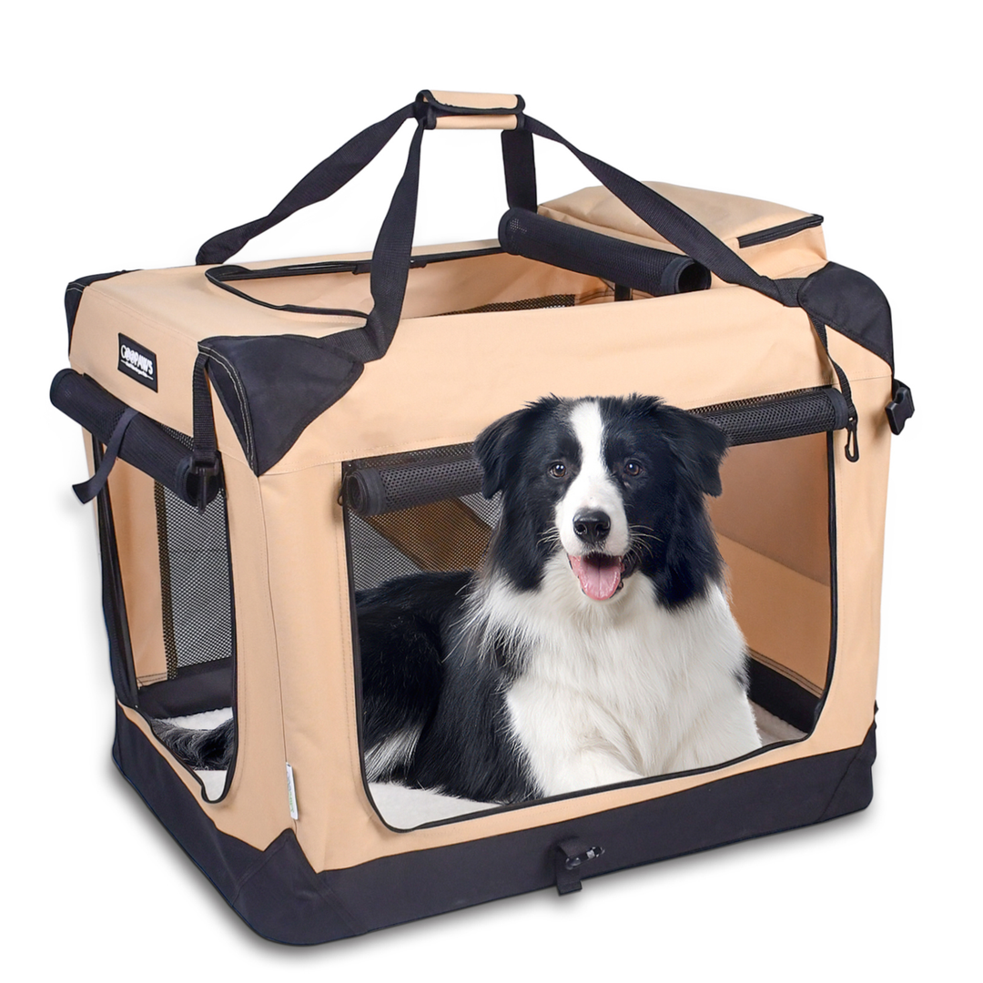 JESPET Soft Pet Crates Kennel, 3 Door Soft Sided Folding Travel Pet Carrier with Straps and Fleece Mat for Dogs, Cats, Rabbits, Indoor/Outdoor Use with Grey, Blue & Beige, Black - Nexusni