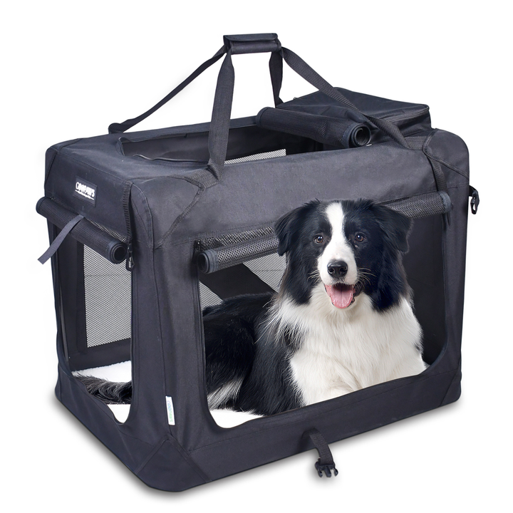 JESPET Soft Pet Crates Kennel, 3 Door Soft Sided Folding Travel Pet Carrier with Straps and Fleece Mat for Dogs, Cats, Rabbits, Indoor/Outdoor Use with Grey, Blue & Beige, Black - Nexusni