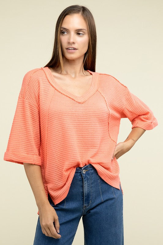 Brushed Waffle Exposed-Seam 3/4 Sleeve Top - Nexusni