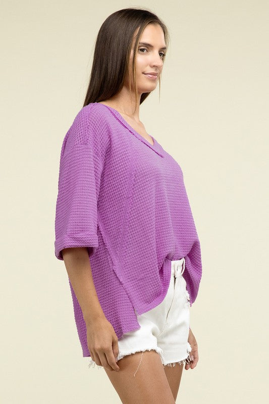 Brushed Waffle Exposed-Seam 3/4 Sleeve Top - Nexusni