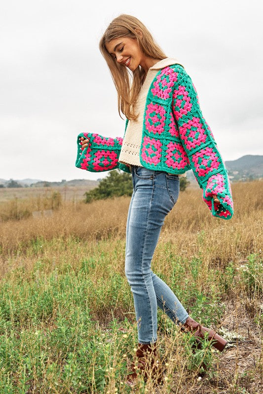 Floral Two-Tone Square Open Knit Crochet Cardigan - Nexusni