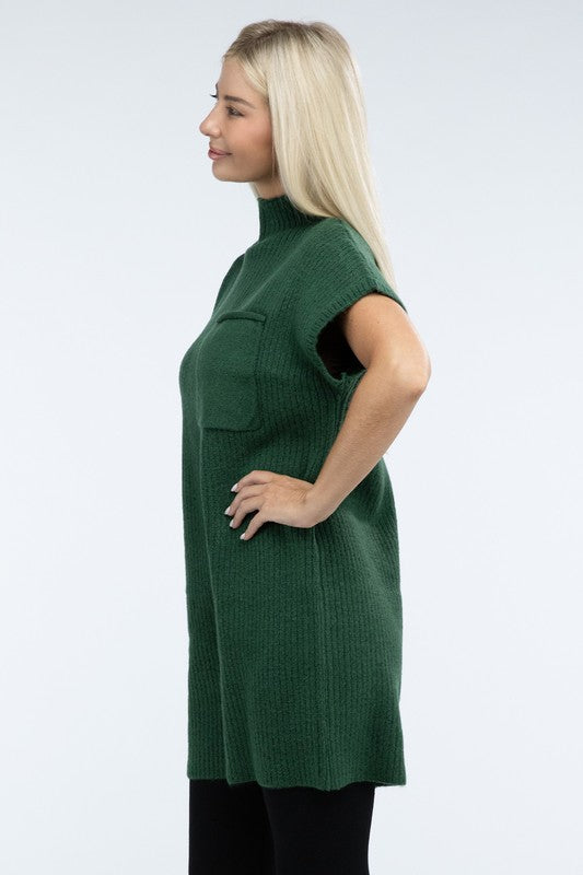 Mock Neck Short Sleeve Sweater Dress with Pocket - Nexusni