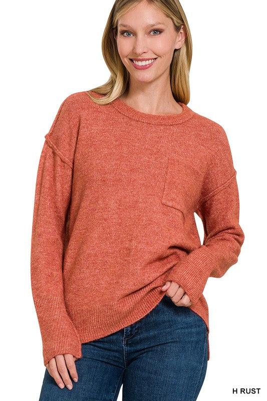 Melange Hi-Low Hem Round Neck Sweater - Nexusni