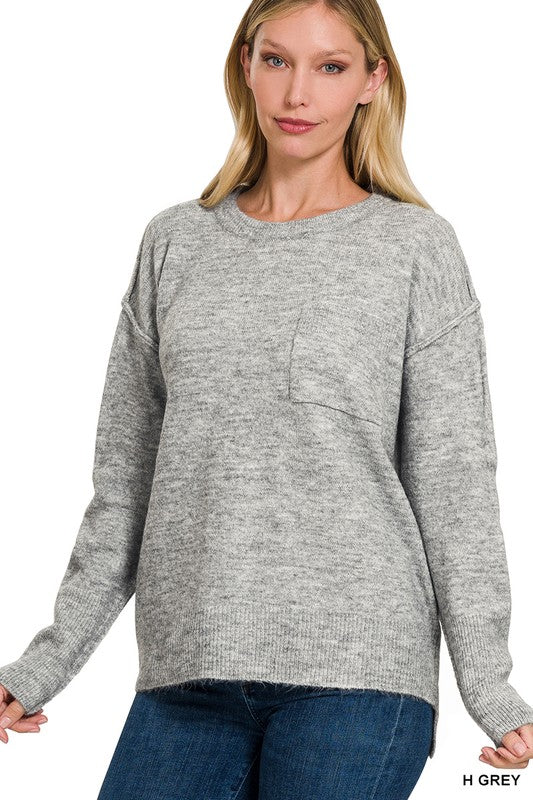 Melange Hi-Low Hem Round Neck Sweater - Nexusni