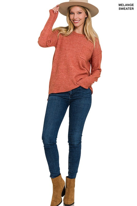 Melange Hi-Low Hem Round Neck Sweater - Nexusni