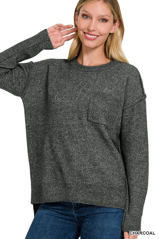 Melange Hi-Low Hem Round Neck Sweater - Nexusni