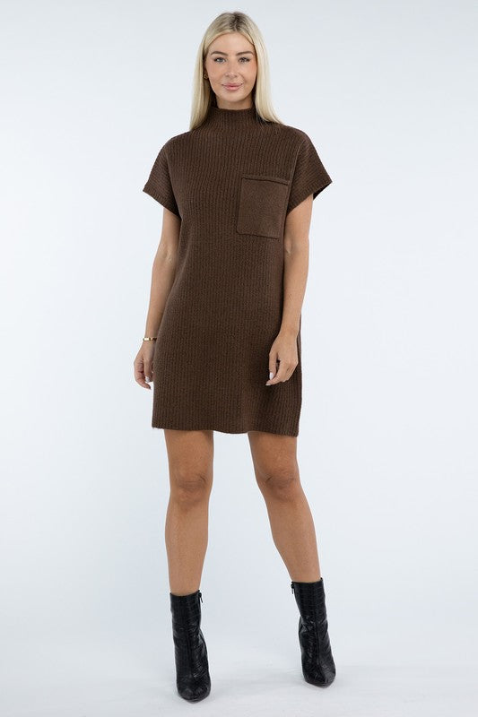 Mock Neck Short Sleeve Sweater Dress with Pocket - Nexusni