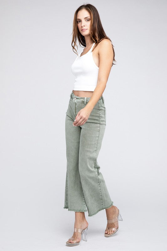 Acid Wash Frayed Cutoff Hem Straight Wide Pants - Nexusni