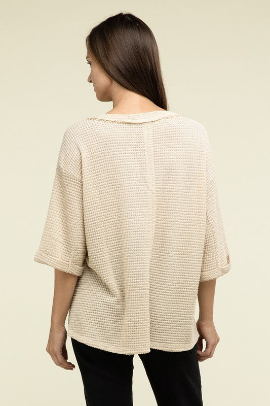 Brushed Waffle Exposed-Seam 3/4 Sleeve Top - Nexusni