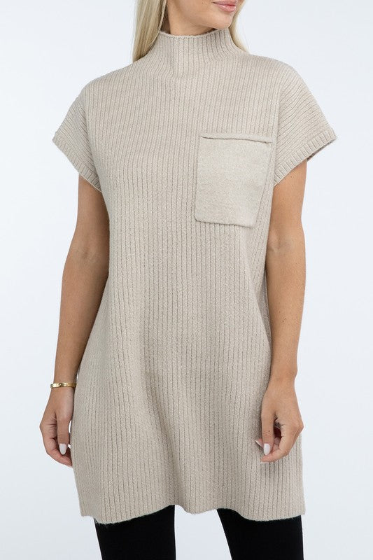 Mock Neck Short Sleeve Sweater Dress with Pocket - Nexusni