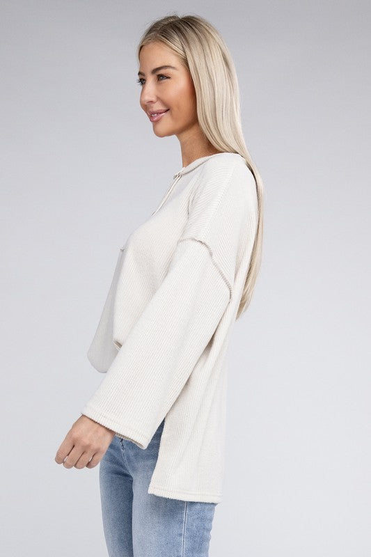 Ribbed Brushed Melange Hacci Henley Sweater - Nexusni