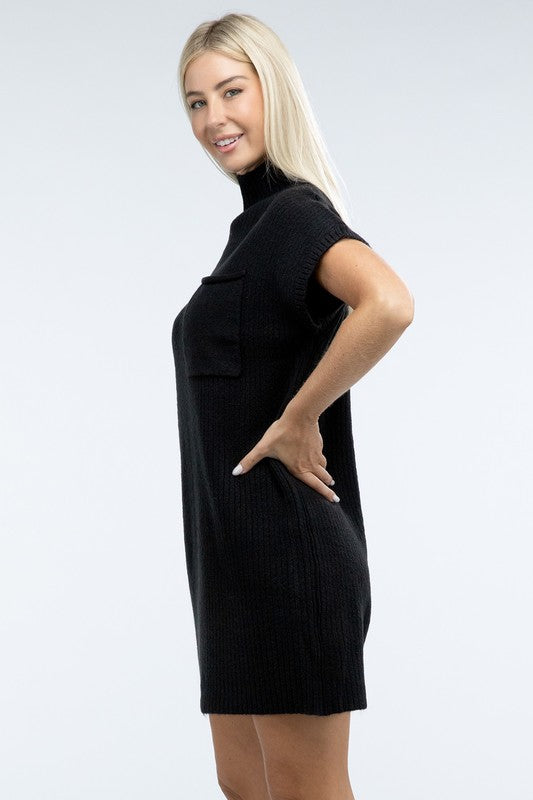 Mock Neck Short Sleeve Sweater Dress with Pocket - Nexusni