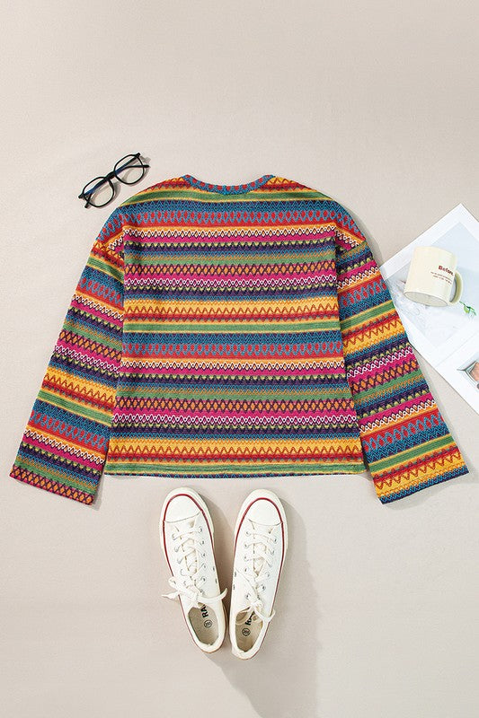 Multicolor Jacquard Geo Long Sleeve T Shirt - Nexusni