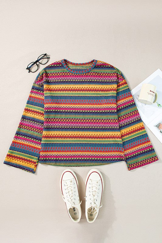 Multicolor Jacquard Geo Long Sleeve T Shirt - Nexusni