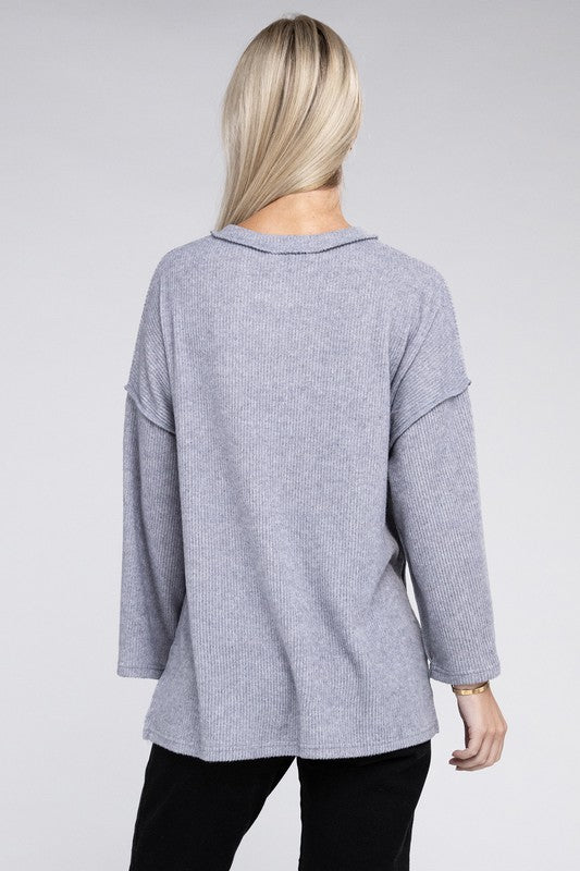 Ribbed Brushed Melange Hacci Henley Sweater - Nexusni