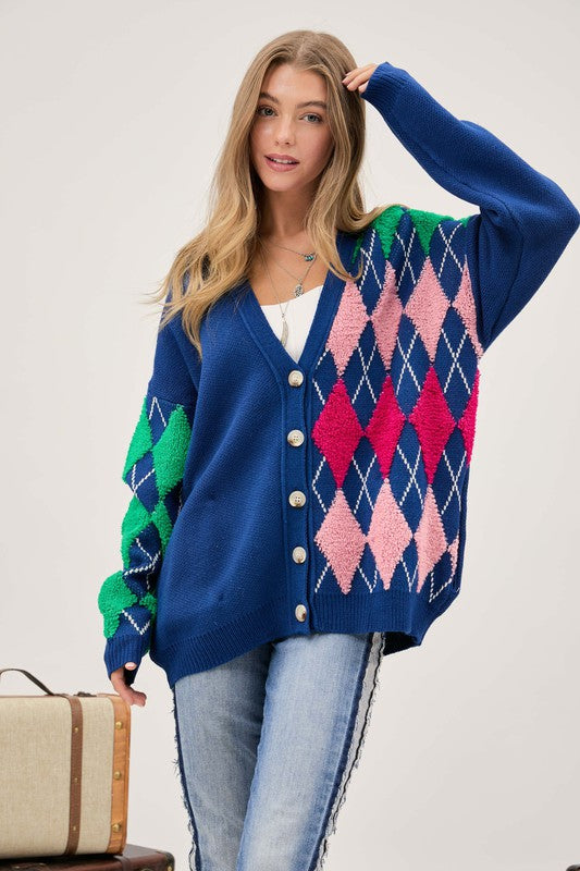 Plush Argyle Button Front Loose Fit Knit Cardigan - Nexusni