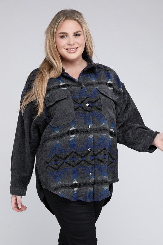 Plus Printed Button Down Long Sleeve Jacket - Nexusni