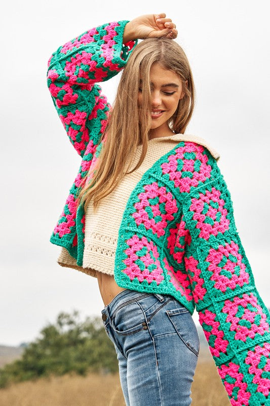 Floral Two-Tone Square Open Knit Crochet Cardigan - Nexusni