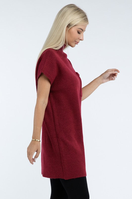 Mock Neck Short Sleeve Sweater Dress with Pocket - Nexusni