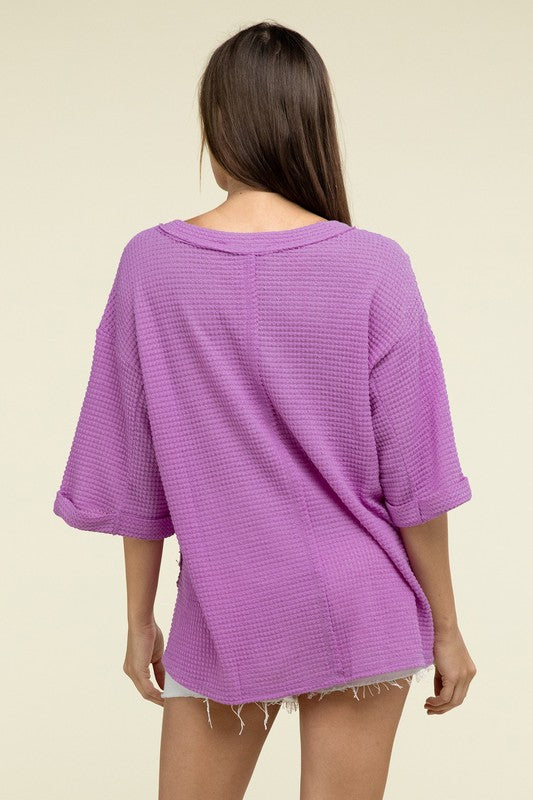 Brushed Waffle Exposed-Seam 3/4 Sleeve Top - Nexusni