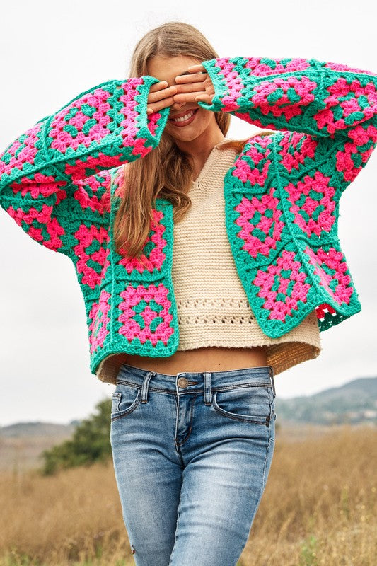 Floral Two-Tone Square Open Knit Crochet Cardigan - Nexusni