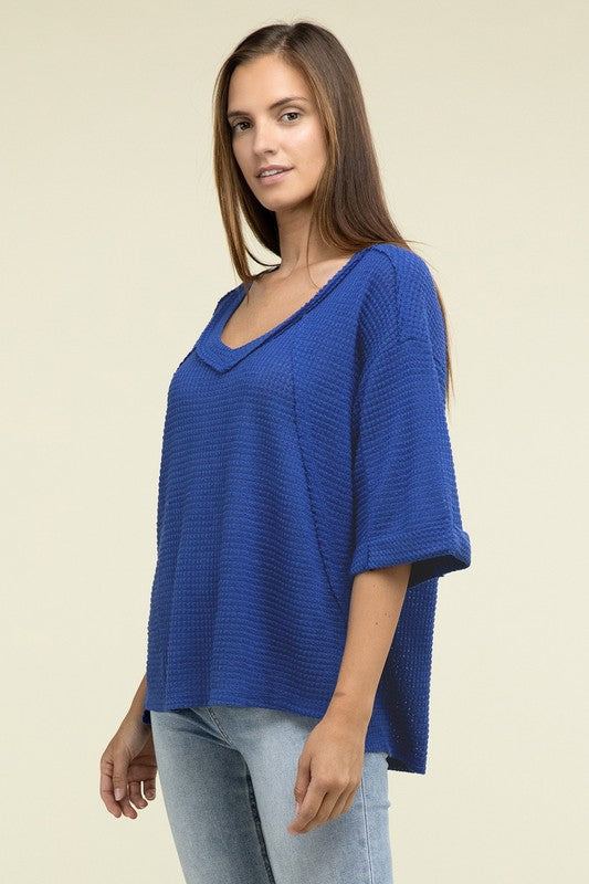 Brushed Waffle Exposed-Seam 3/4 Sleeve Top - Nexusni