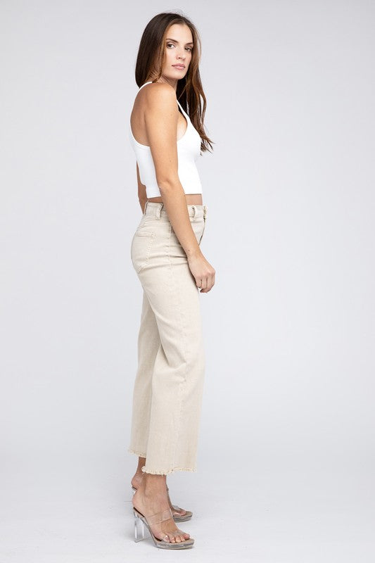 Acid Wash Frayed Cutoff Hem Straight Wide Pants - Nexusni