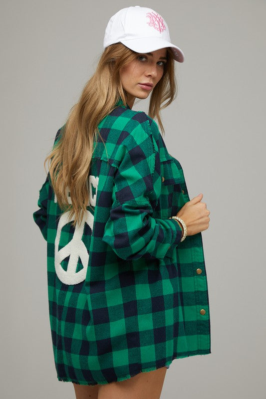 Plaid Embroidered Patch Button Down Jacket - Nexusni