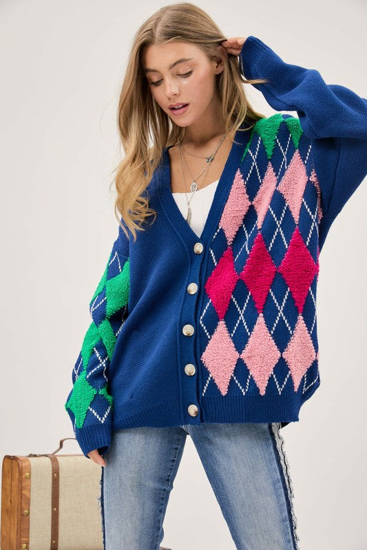 Plush Argyle Button Front Loose Fit Knit Cardigan - Nexusni