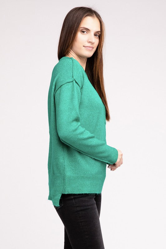 Melange Hi-Low Hem Round Neck Sweater - Nexusni