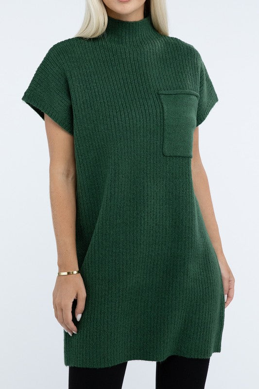 Mock Neck Short Sleeve Sweater Dress with Pocket - Nexusni