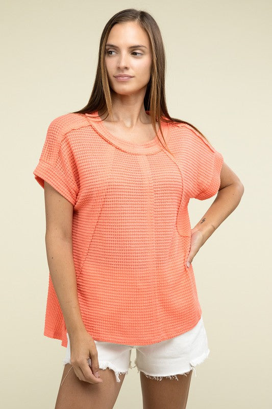 Brushed Waffle Exposed-Seam Short Sleeve Top - Nexusni