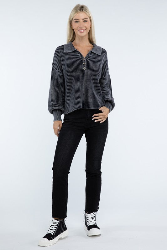 Washed Collared Henley Sweater - Nexusni