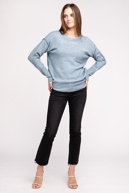 Melange Hi-Low Hem Round Neck Sweater - Nexusni