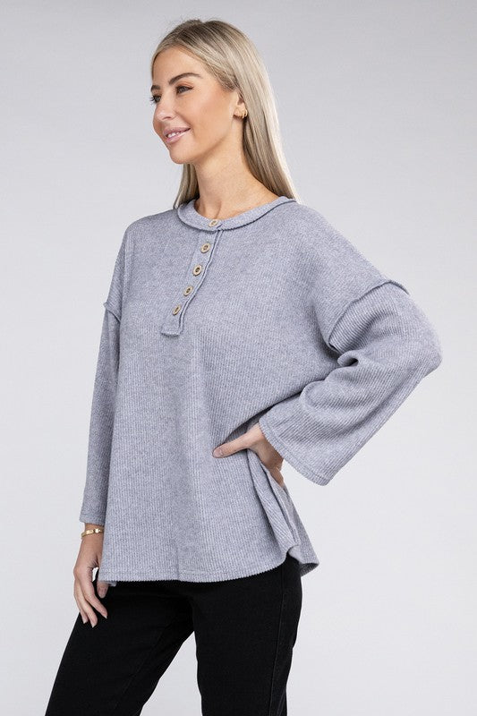 Ribbed Brushed Melange Hacci Henley Sweater - Nexusni